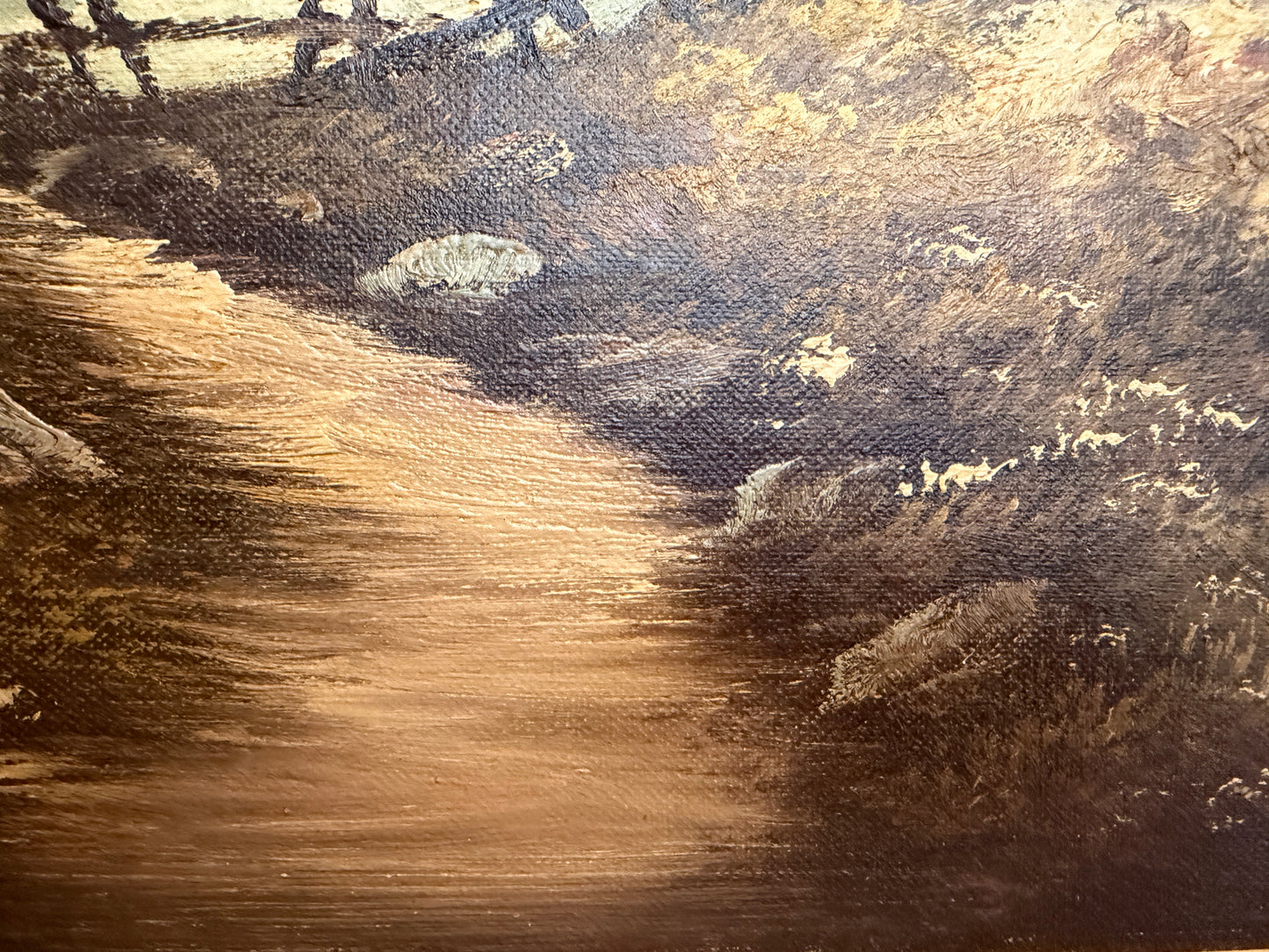 Large VTG Alpine Mountain Landscape Oil Painting European Cabin Framed Signed