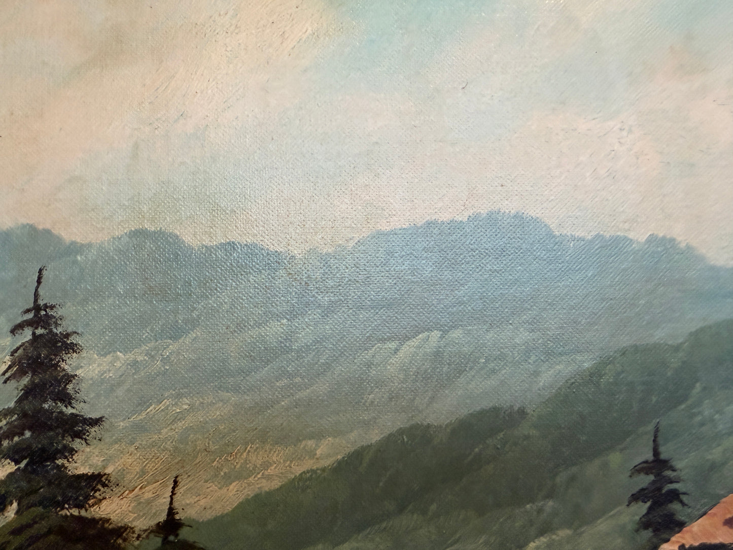 Large VTG Alpine Mountain Landscape Oil Painting European Cabin Framed Signed
