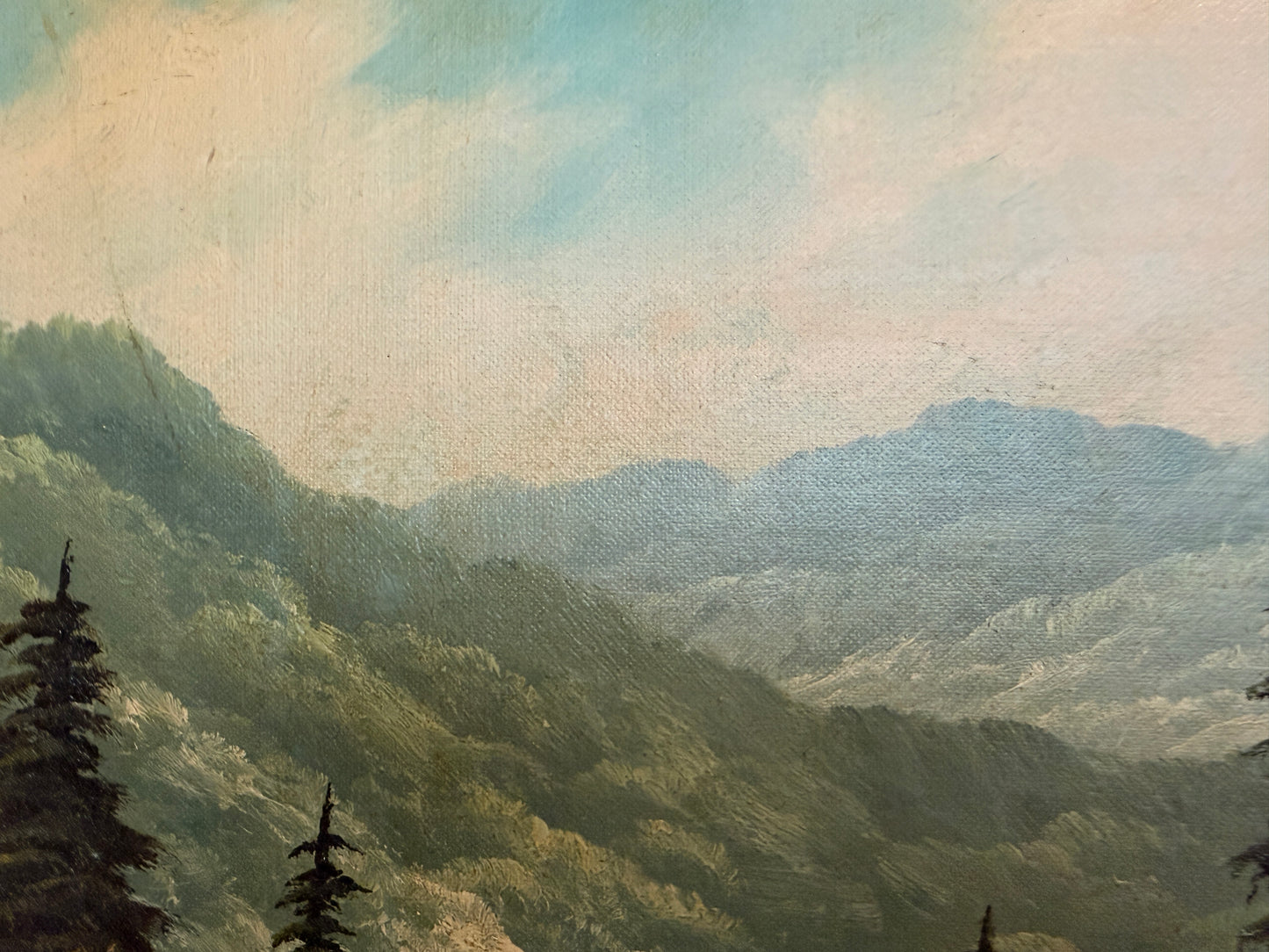 Large VTG Alpine Mountain Landscape Oil Painting European Cabin Framed Signed