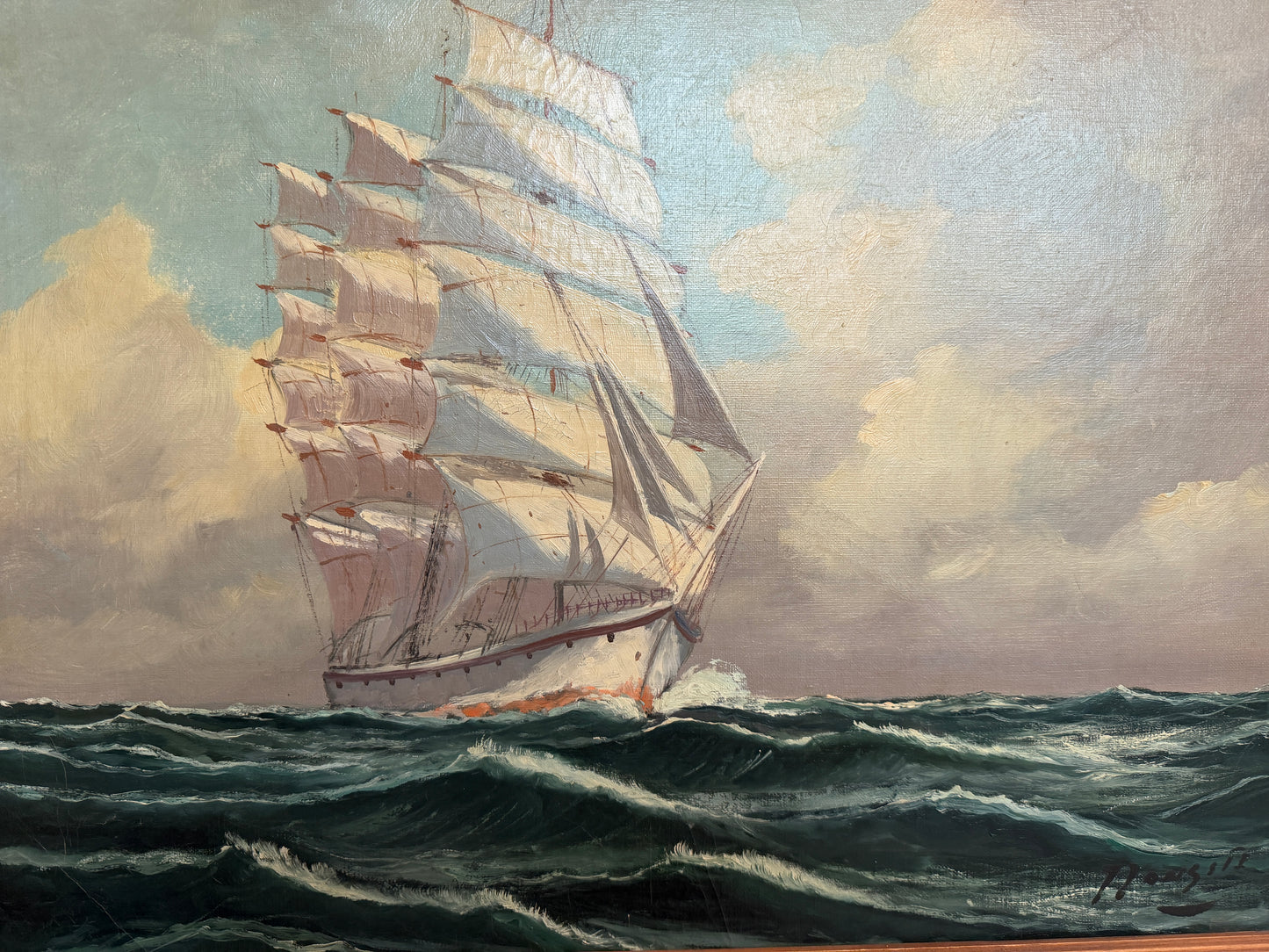 Vintage Tall Ship Oil Painting on Canvas Signed Framed Clipper Marine Seascape