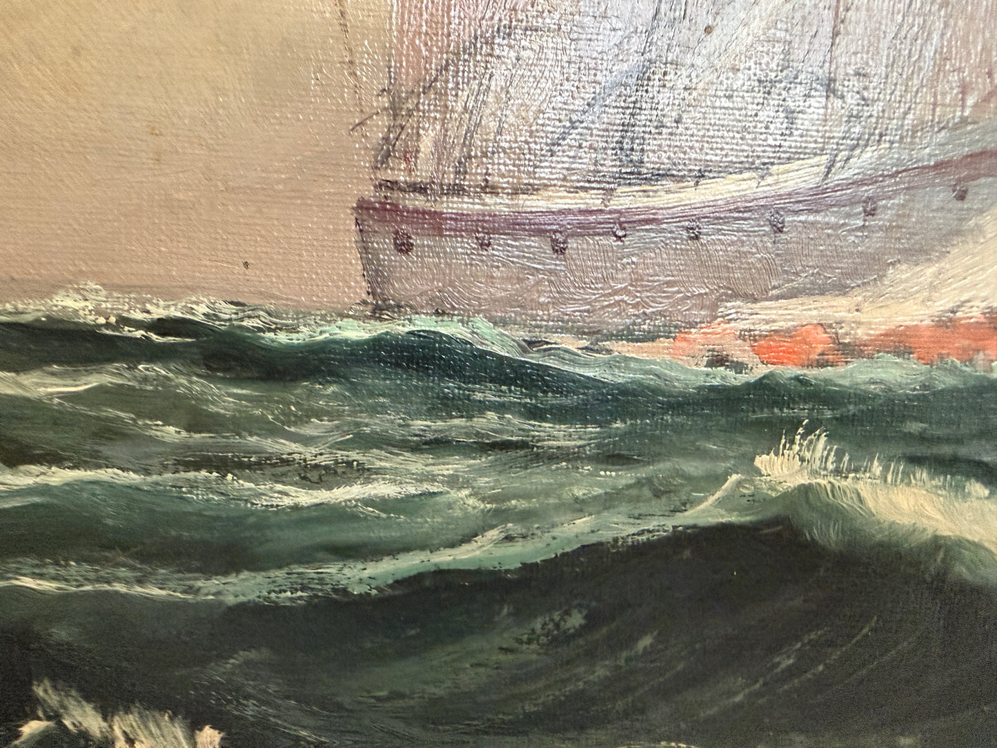 Vintage Tall Ship Oil Painting on Canvas Signed Framed Clipper Marine Seascape