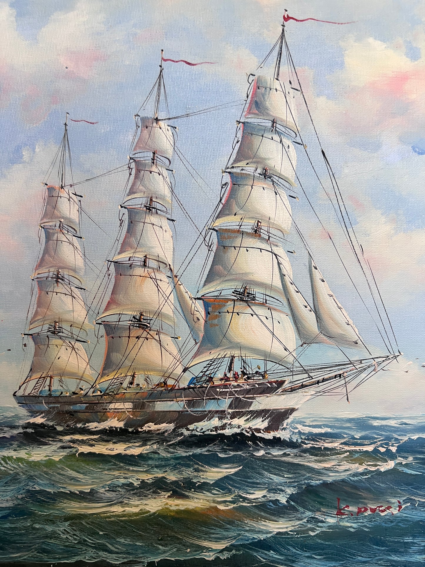 Framed Nautical Seascape Oil Painting by K. Dossi Maritime Ship Artwork
