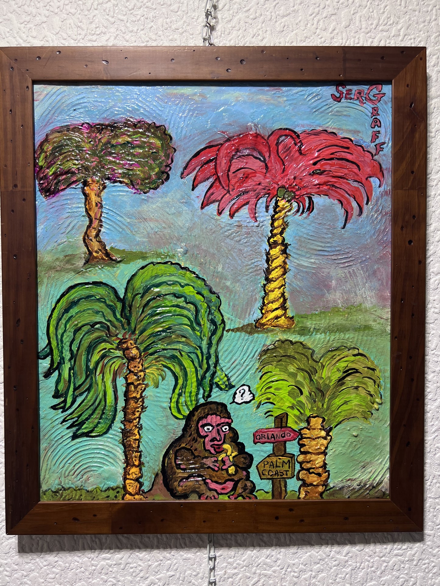 Original Abstract Painting on Board by Serg Graff "Palm Monkey", COA