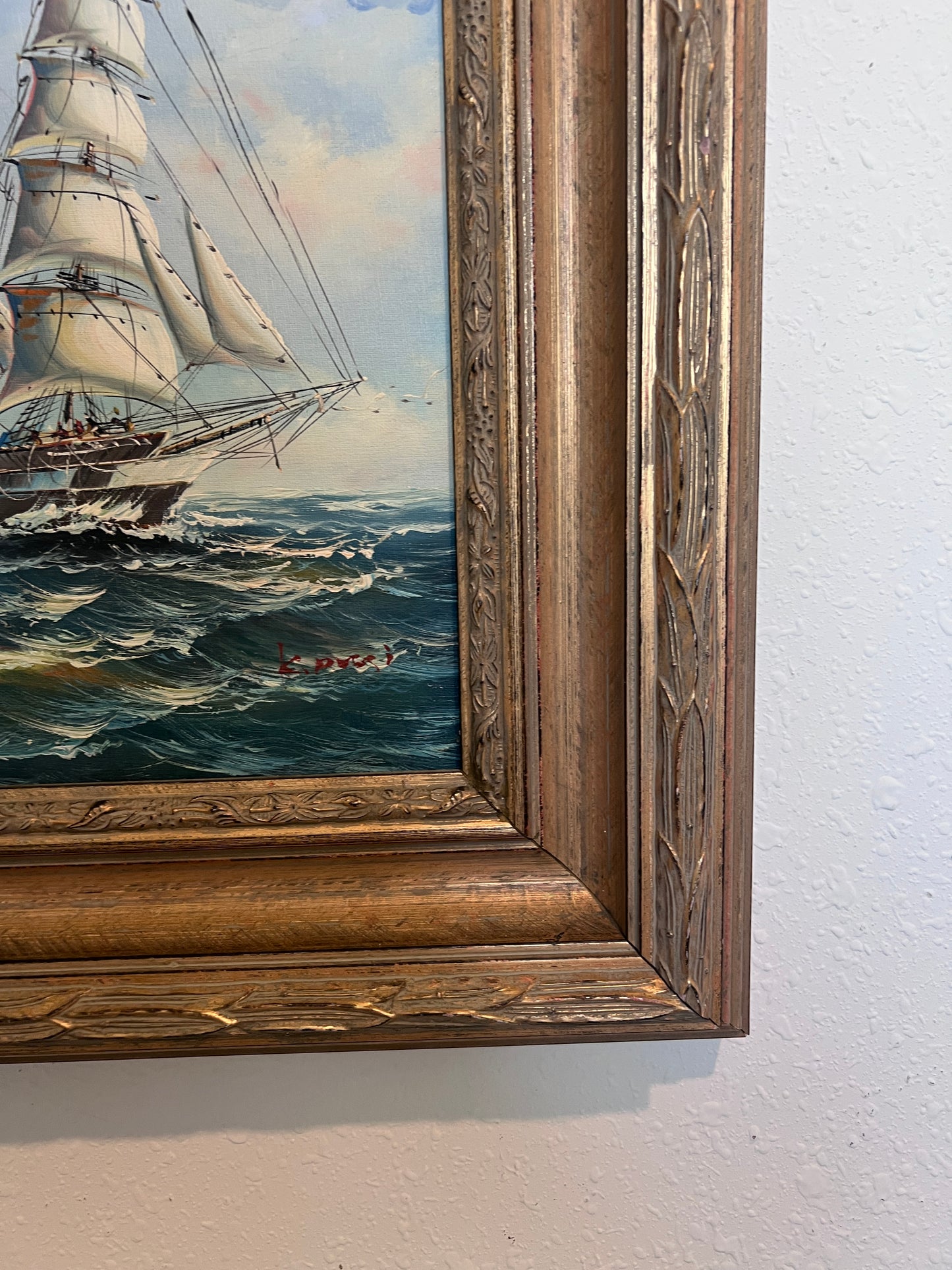 Framed Nautical Seascape Oil Painting by K. Dossi Maritime Ship Artwork