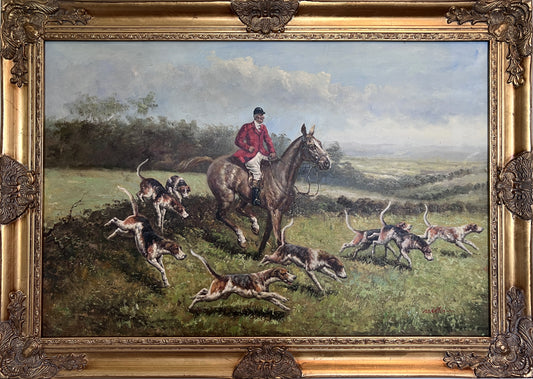English Fox Hunting Scene Horse Hounds Oil Painting Signed William Framed