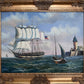 Vintage Oil Painting Clipper Ship American Flag Nautical Maritime Seascape