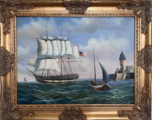 Vintage Oil Painting Clipper Ship American Flag Nautical Maritime Seascape