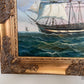 Vintage Oil Painting Clipper Ship American Flag Nautical Maritime Seascape