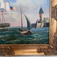 Vintage Oil Painting Clipper Ship American Flag Nautical Maritime Seascape