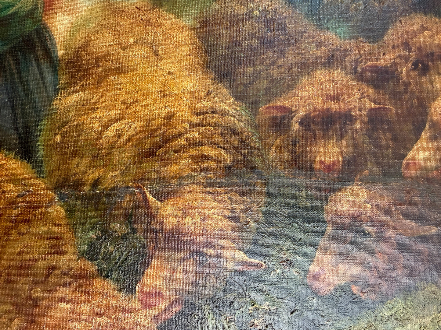 Large Antique European School Oil Painting Shepherdess Sheep Landscape Signed