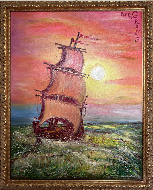 Original Oil Painting on Canvas by Serg Graff, "Ship" Sunset Sea Ocean, COA
