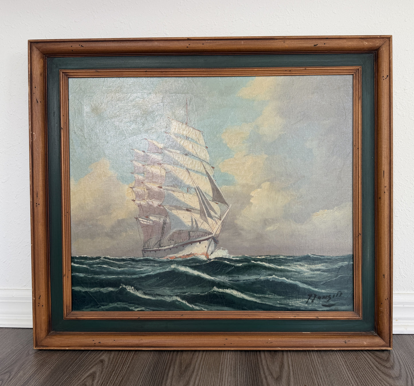 Vintage Tall Ship Oil Painting on Canvas Signed Framed Clipper Marine Seascape