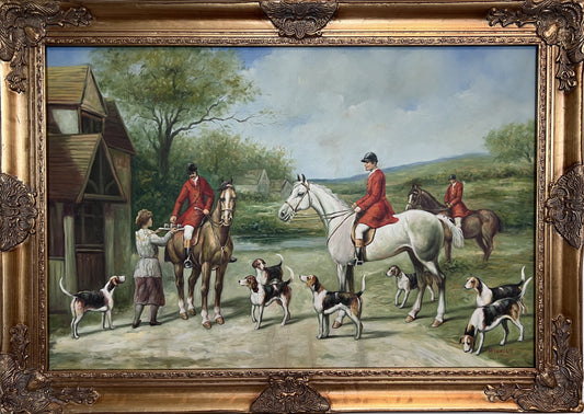 English Fox Hunting Scene Horse Hounds Oil Painting Signed William Framed
