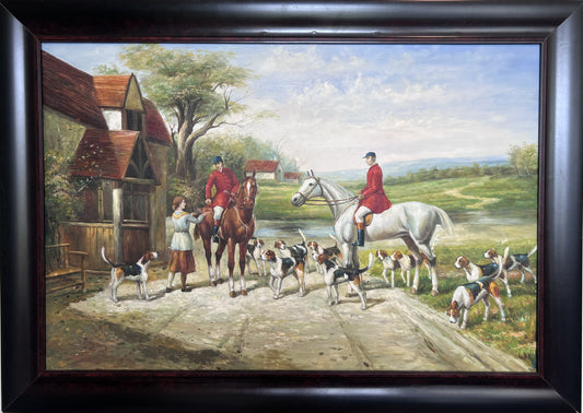 English Fox Hunting Scene Horse Hounds Large VTG Oil Painting Signed, Framed