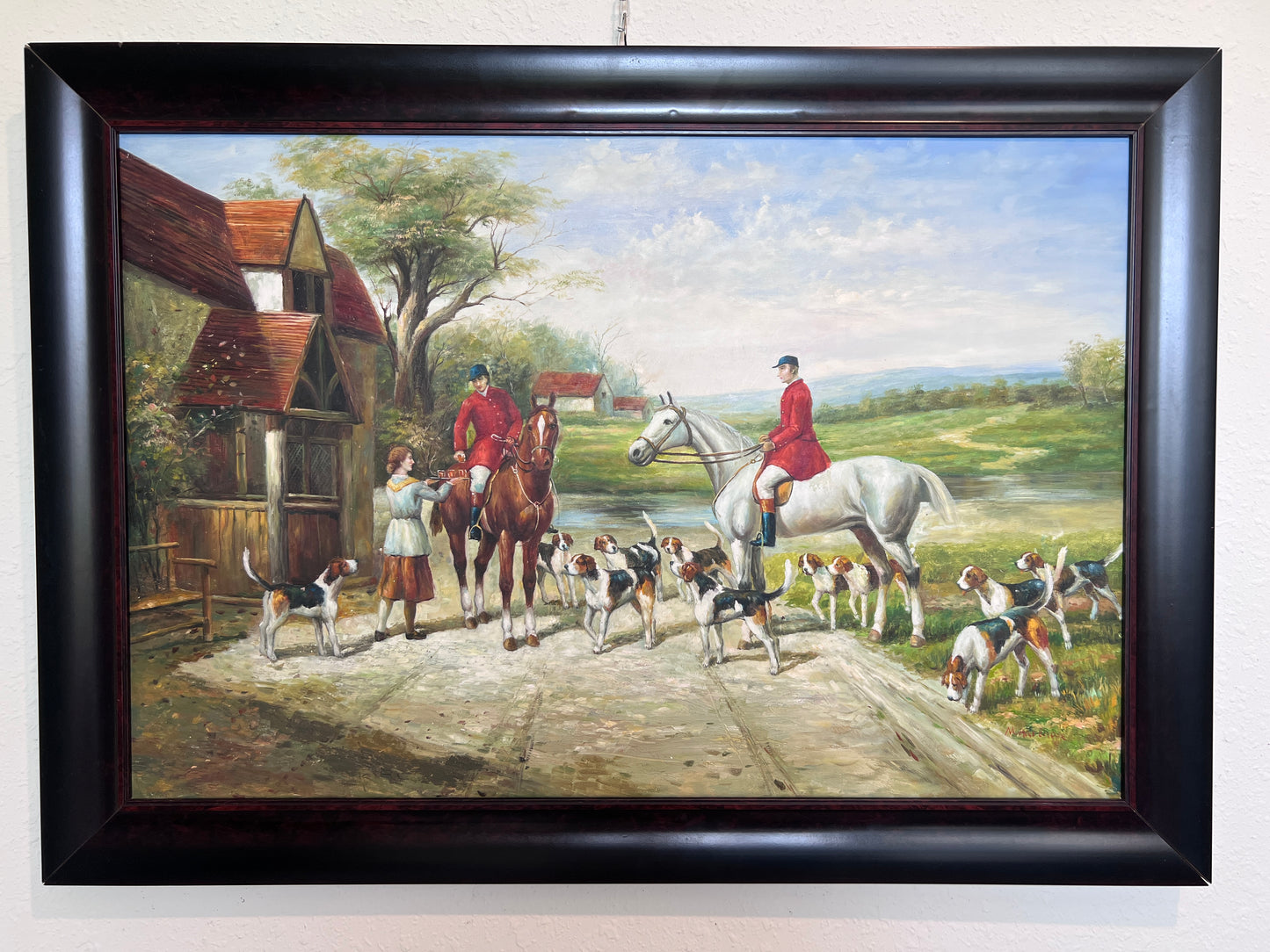 English Fox Hunting Scene Horse Hounds Large VTG Oil Painting Signed, Framed