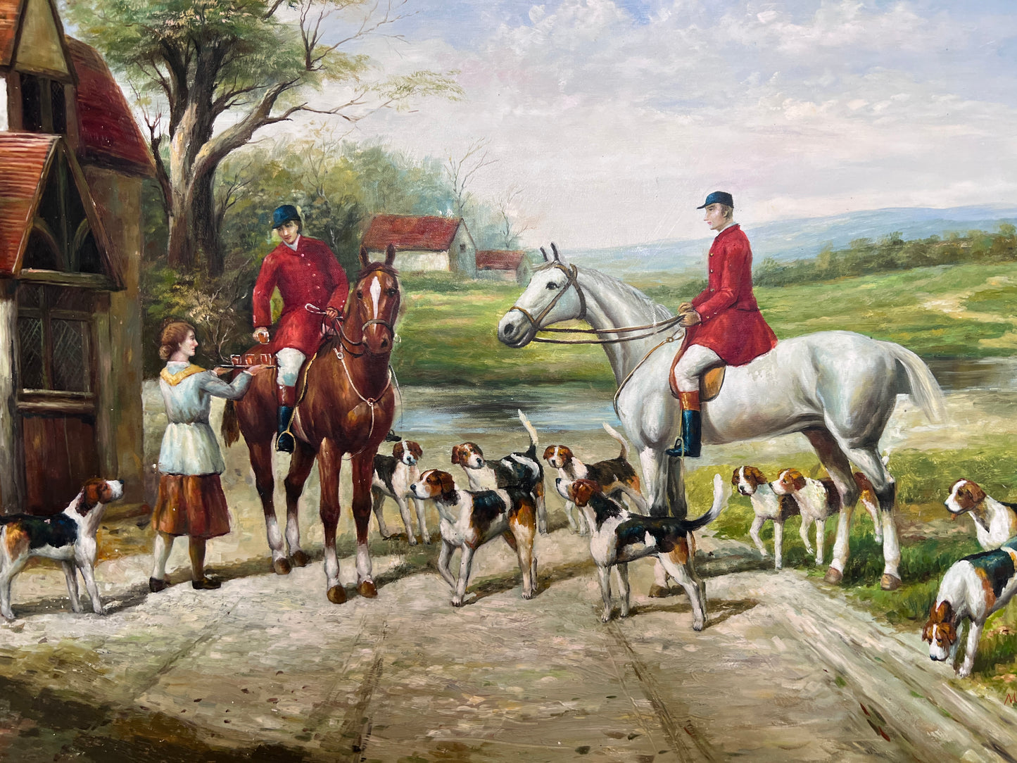 English Fox Hunting Scene Horse Hounds Large VTG Oil Painting Signed, Framed