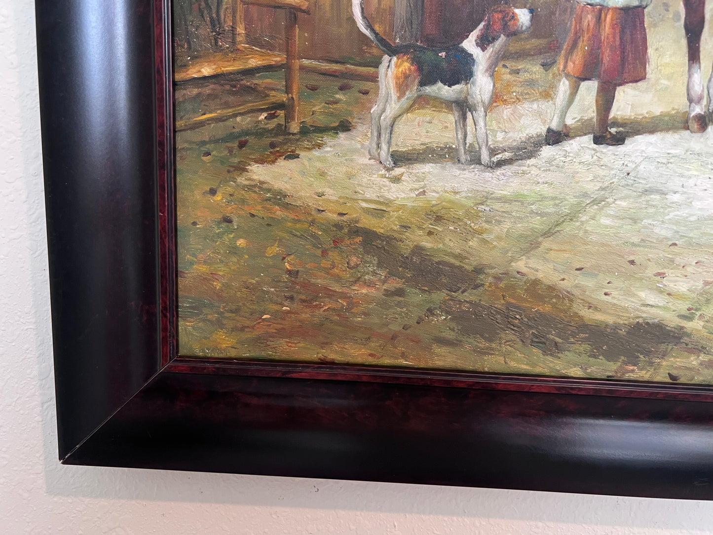 English Fox Hunting Scene Horse Hounds Large VTG Oil Painting Signed, Framed