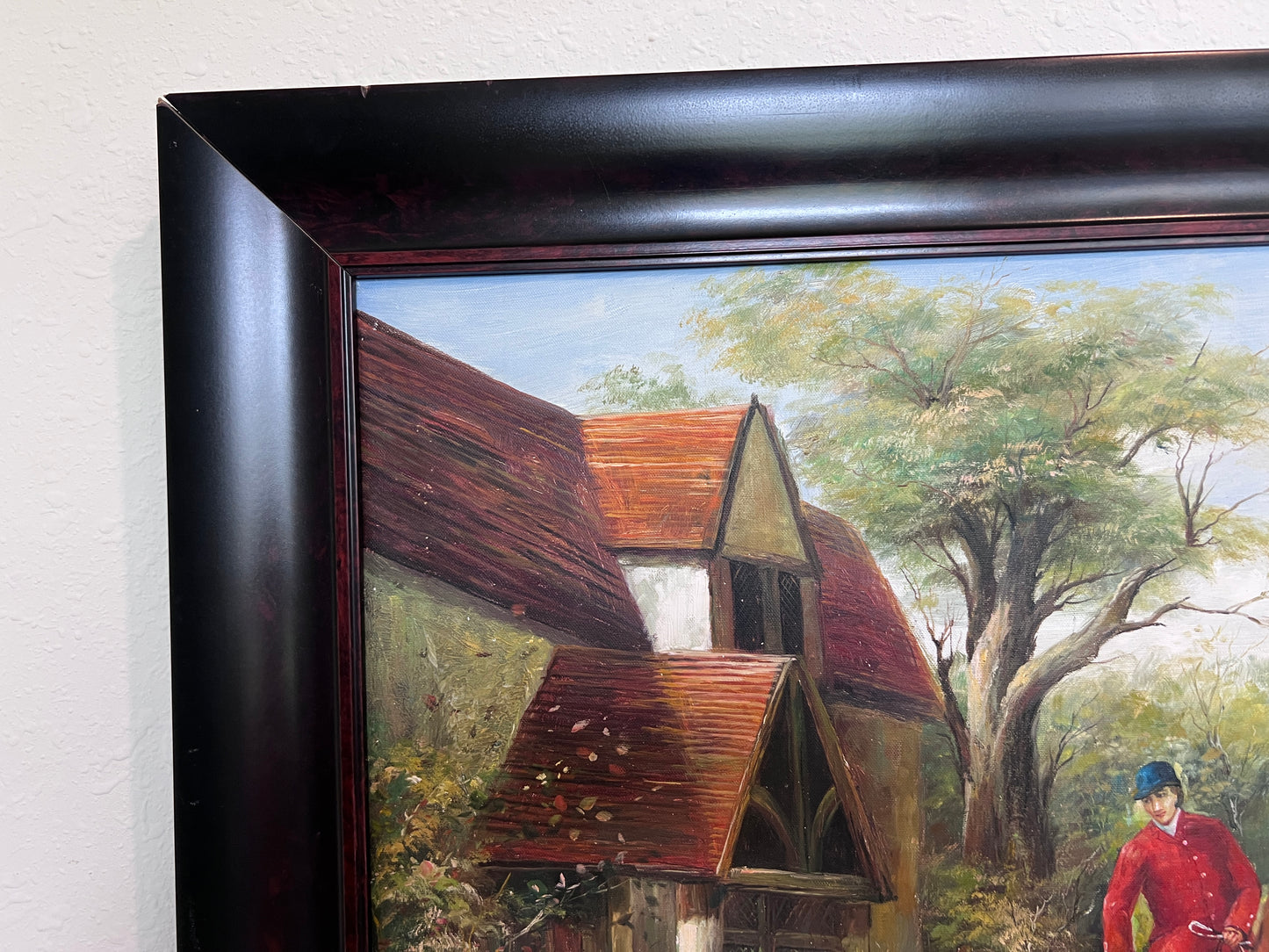 English Fox Hunting Scene Horse Hounds Large VTG Oil Painting Signed, Framed