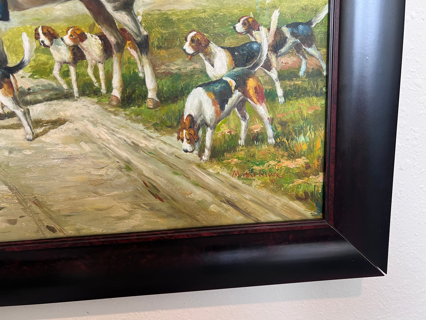 English Fox Hunting Scene Horse Hounds Large VTG Oil Painting Signed, Framed