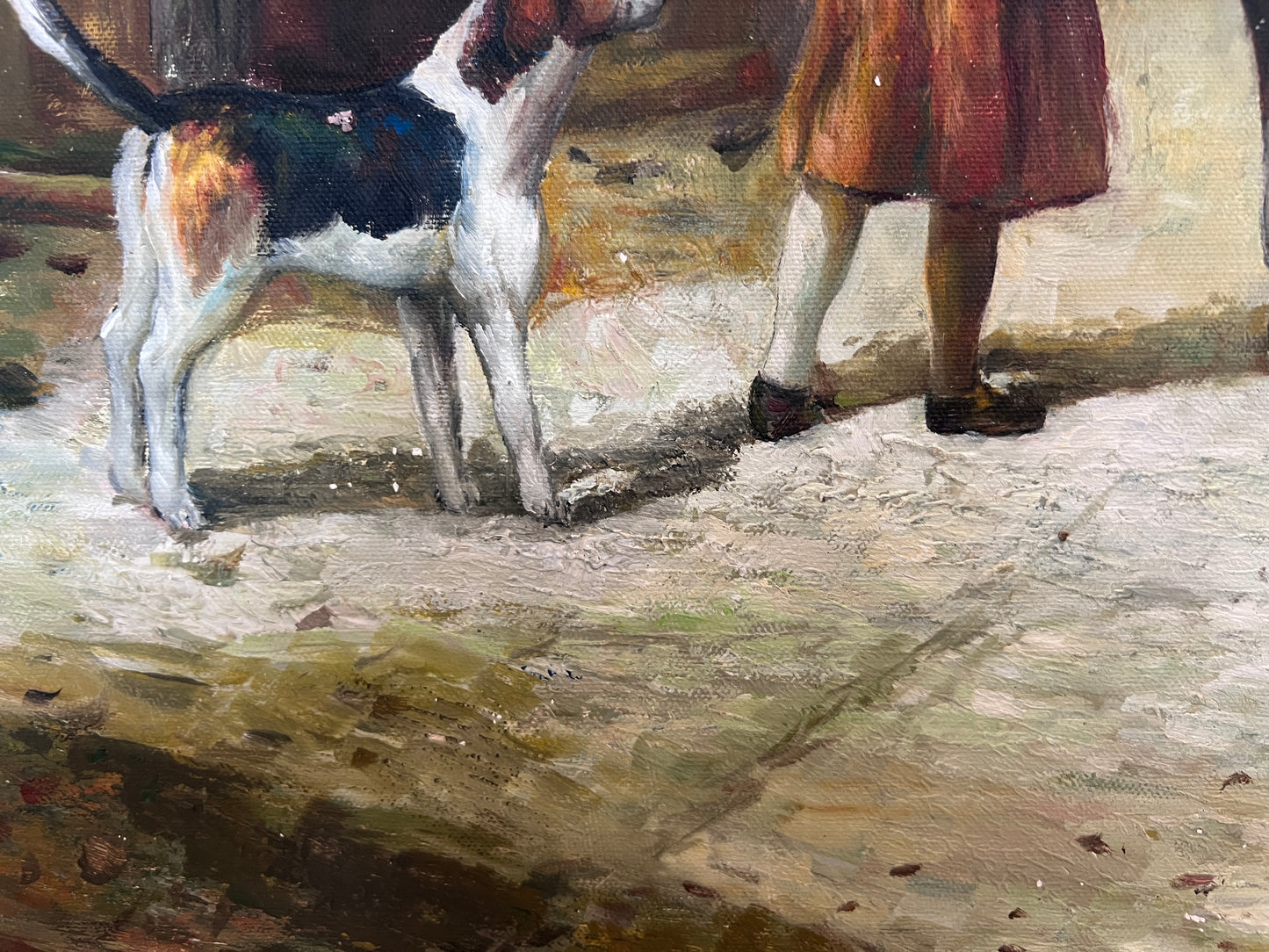 English Fox Hunting Scene Horse Hounds Large VTG Oil Painting Signed, Framed
