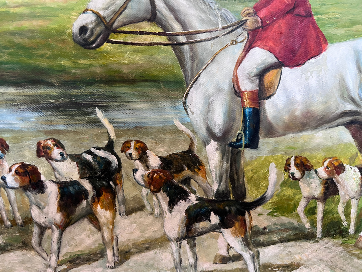 English Fox Hunting Scene Horse Hounds Large VTG Oil Painting Signed, Framed
