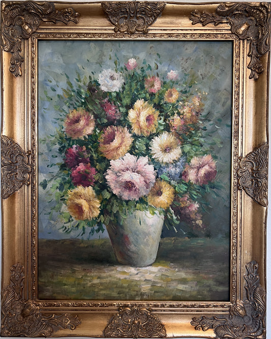 Vintage Oil Painting of Chrysanthemum Flower Bouquet in Ornate Gold Frame