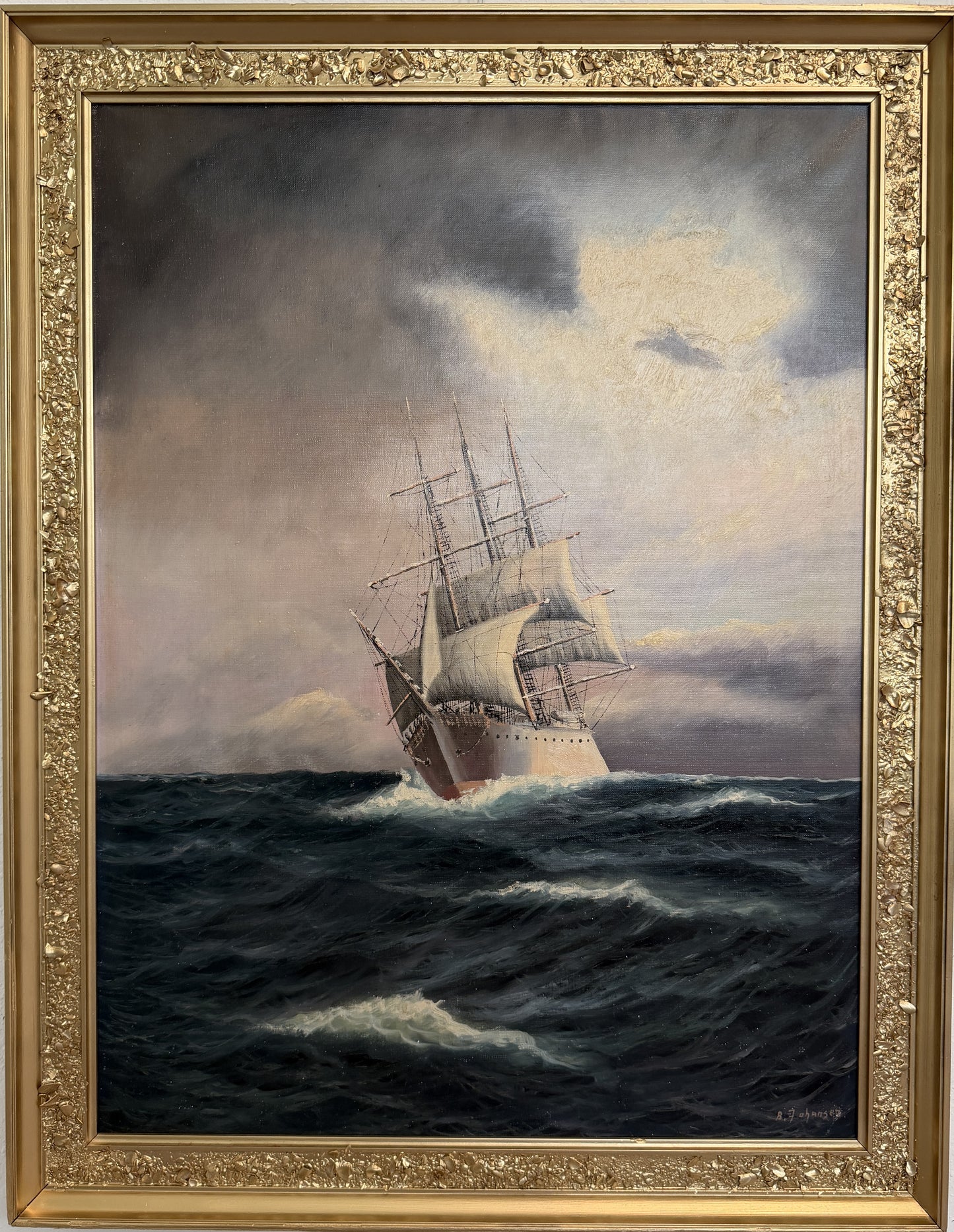 Danish Artist B. Johansen Vintage Dramatic Marine Seascape Oil Painting Framed