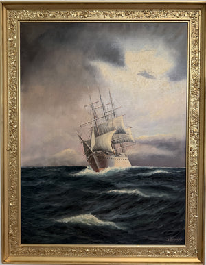 Danish Artist B. Johansen Vintage Dramatic Marine Seascape Oil Painting Framed