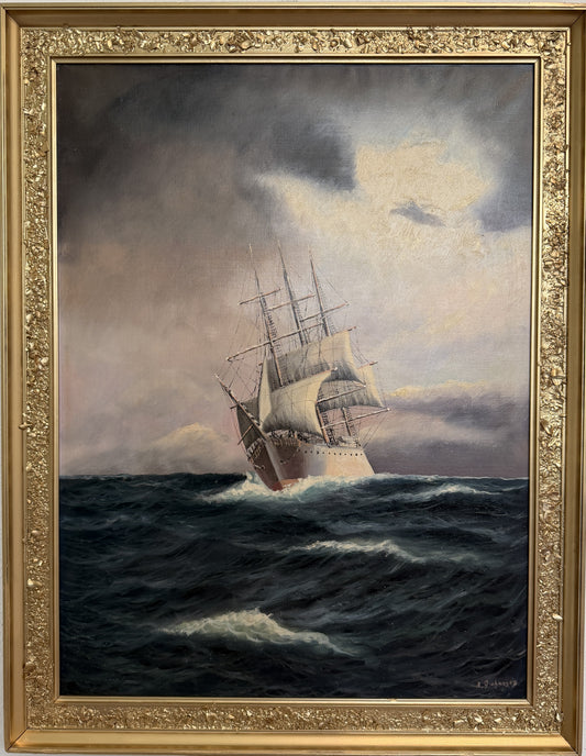 Danish Artist B. Johansen Vintage Dramatic Marine Seascape Oil Painting Framed