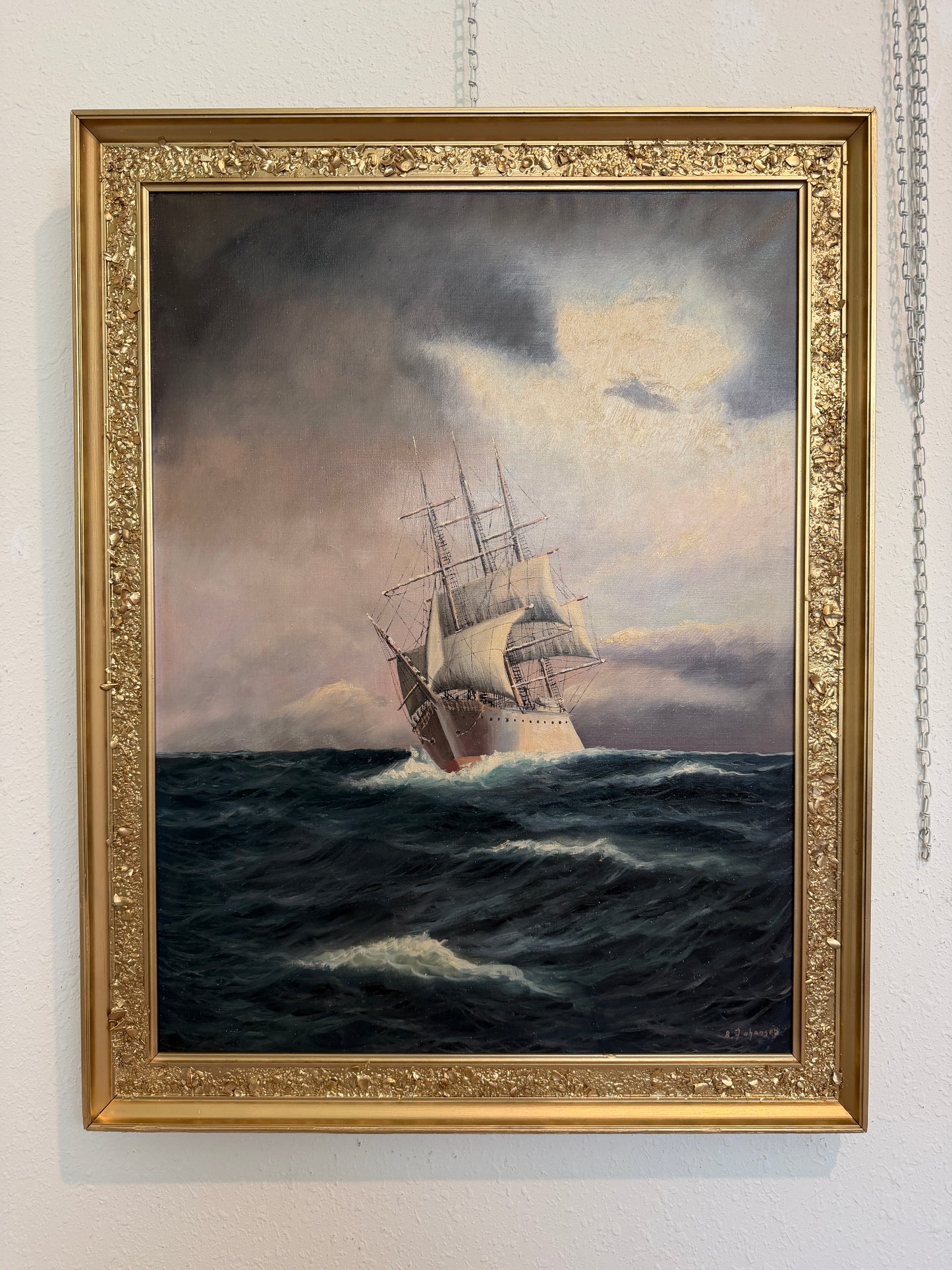 Danish Artist B. Johansen Vintage Dramatic Marine Seascape Oil Painting Framed