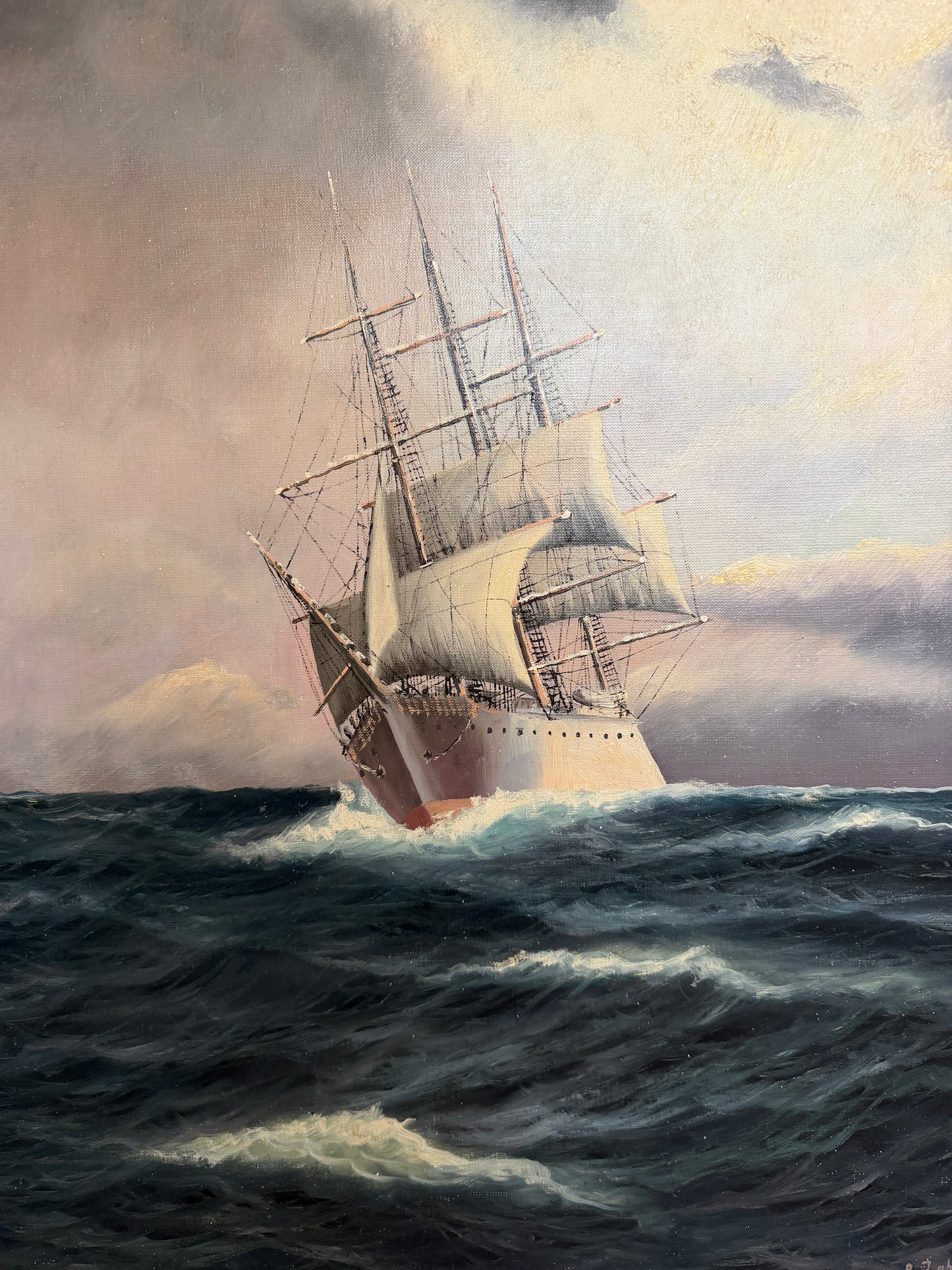 Danish Artist B. Johansen Vintage Dramatic Marine Seascape Oil Painting Framed