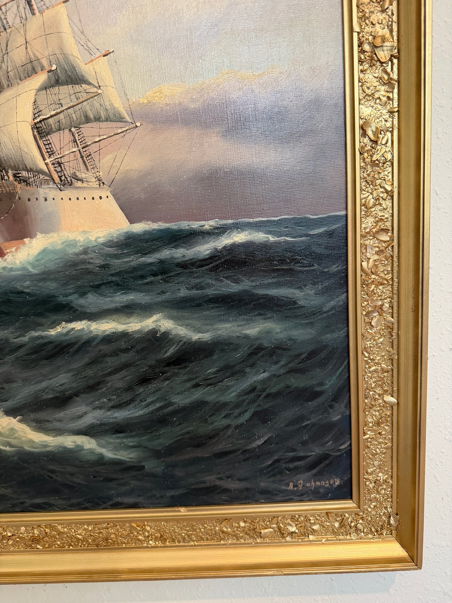 Danish Artist B. Johansen Vintage Dramatic Marine Seascape Oil Painting Framed