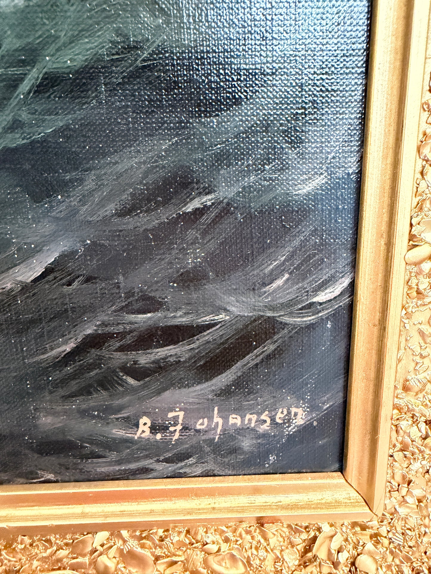 Danish Artist B. Johansen Vintage Dramatic Marine Seascape Oil Painting Framed