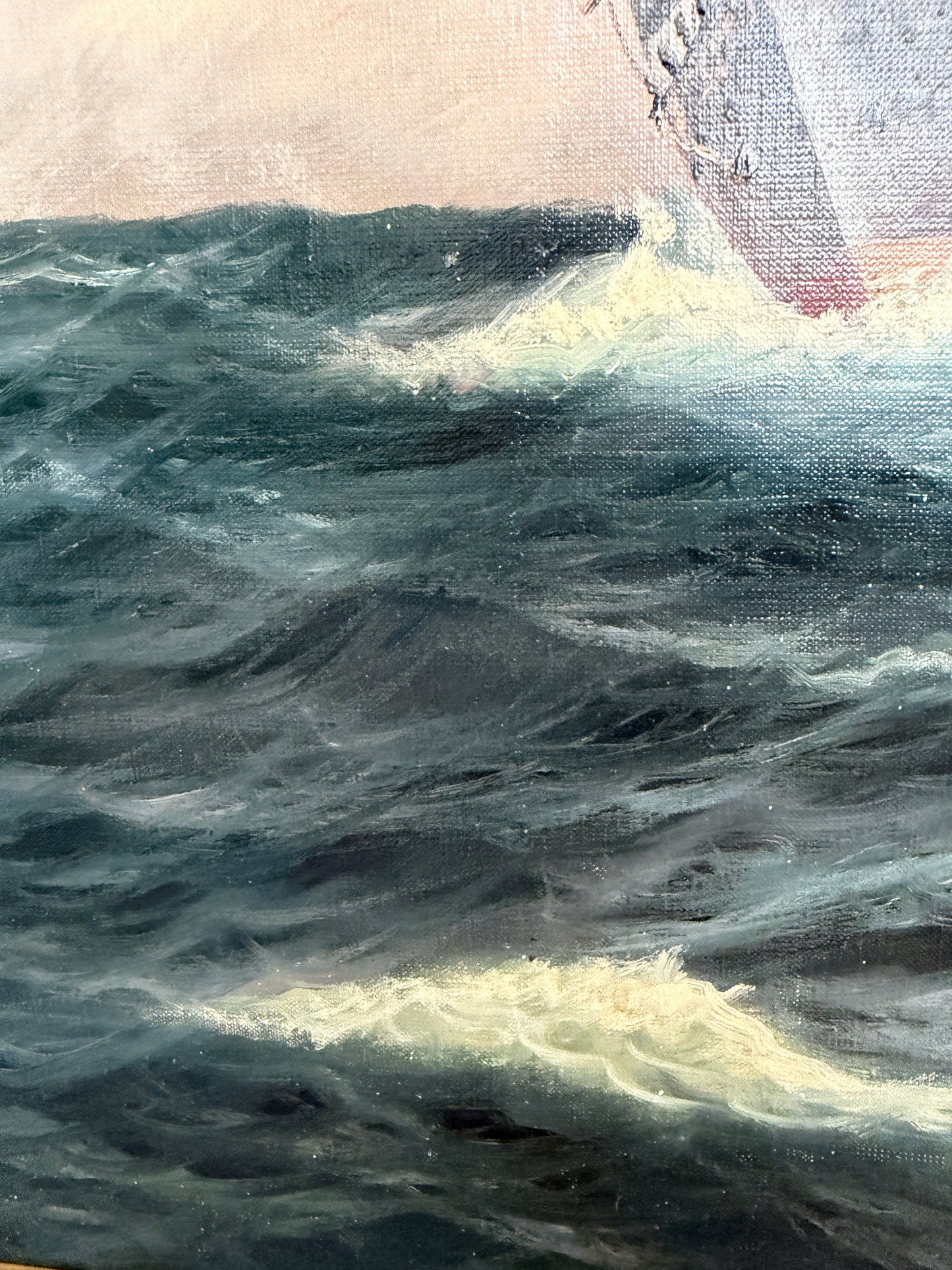 Danish Artist B. Johansen Vintage Dramatic Marine Seascape Oil Painting Framed