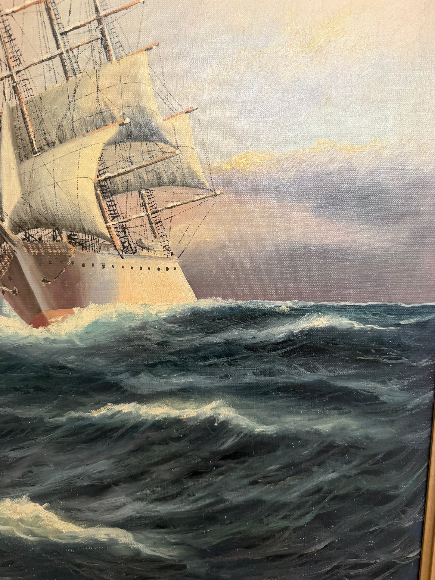 Danish Artist B. Johansen Vintage Dramatic Marine Seascape Oil Painting Framed