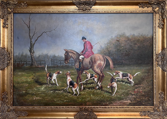English Fox Hunting Scene Horse Hounds Oil Painting Signed Taylor Framed