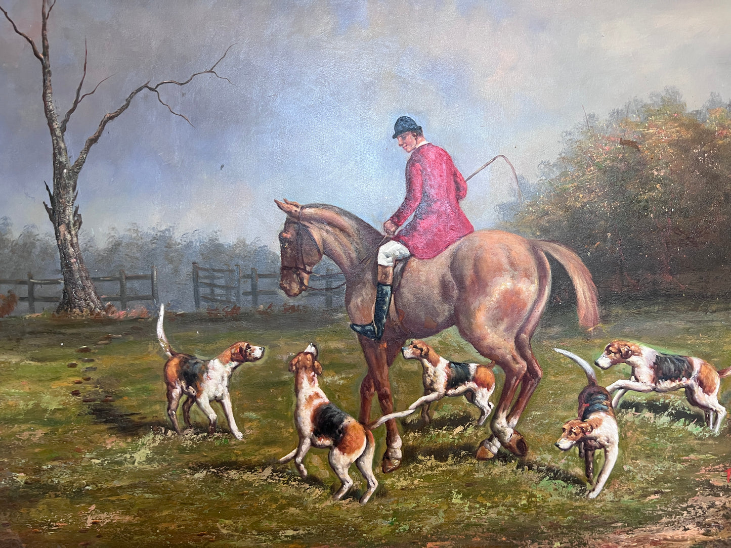English Fox Hunting Scene Horse Hounds Oil Painting Signed Taylor Framed