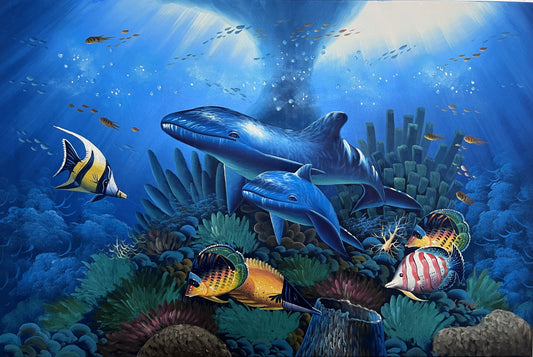 Vibrant Underwater Scene – Acrylic on Canvas Signed “Lewis” – 36"x24" Unframed