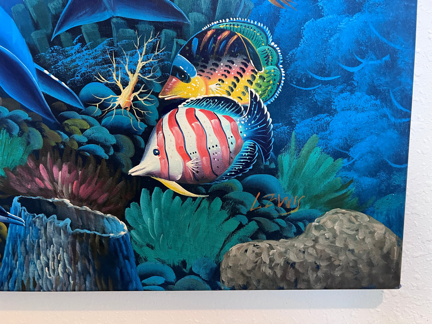 Vibrant Underwater Scene – Acrylic on Canvas Signed “Lewis” – 36"x24" Unframed