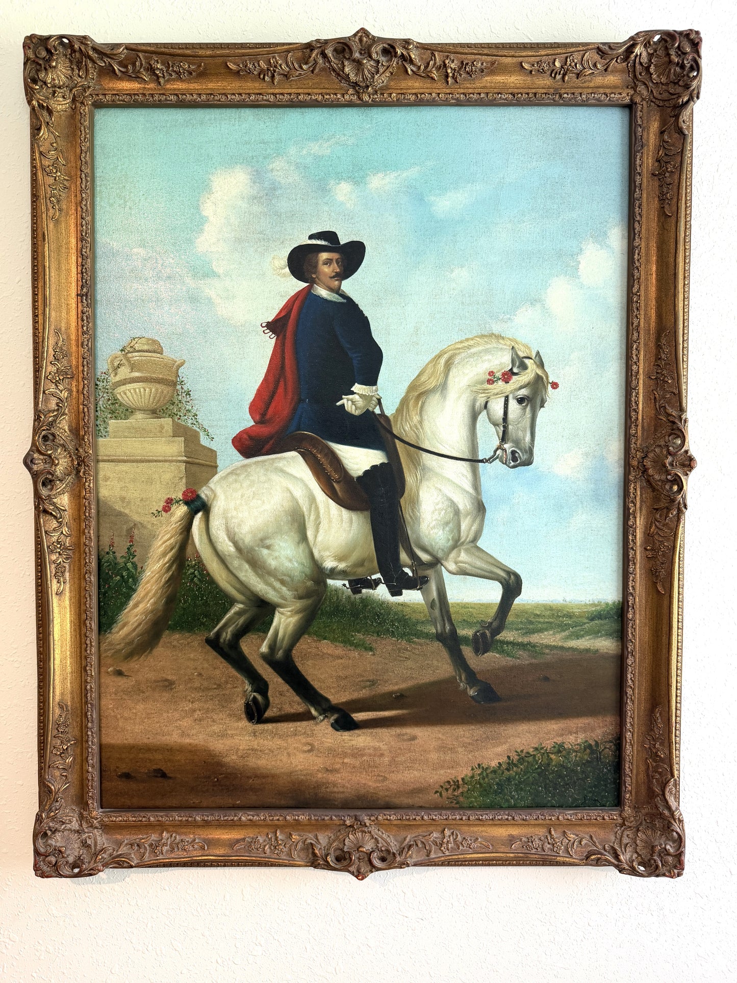 Large Antique Signed European Equestrian Portrait Oil Painting Late 19th Century