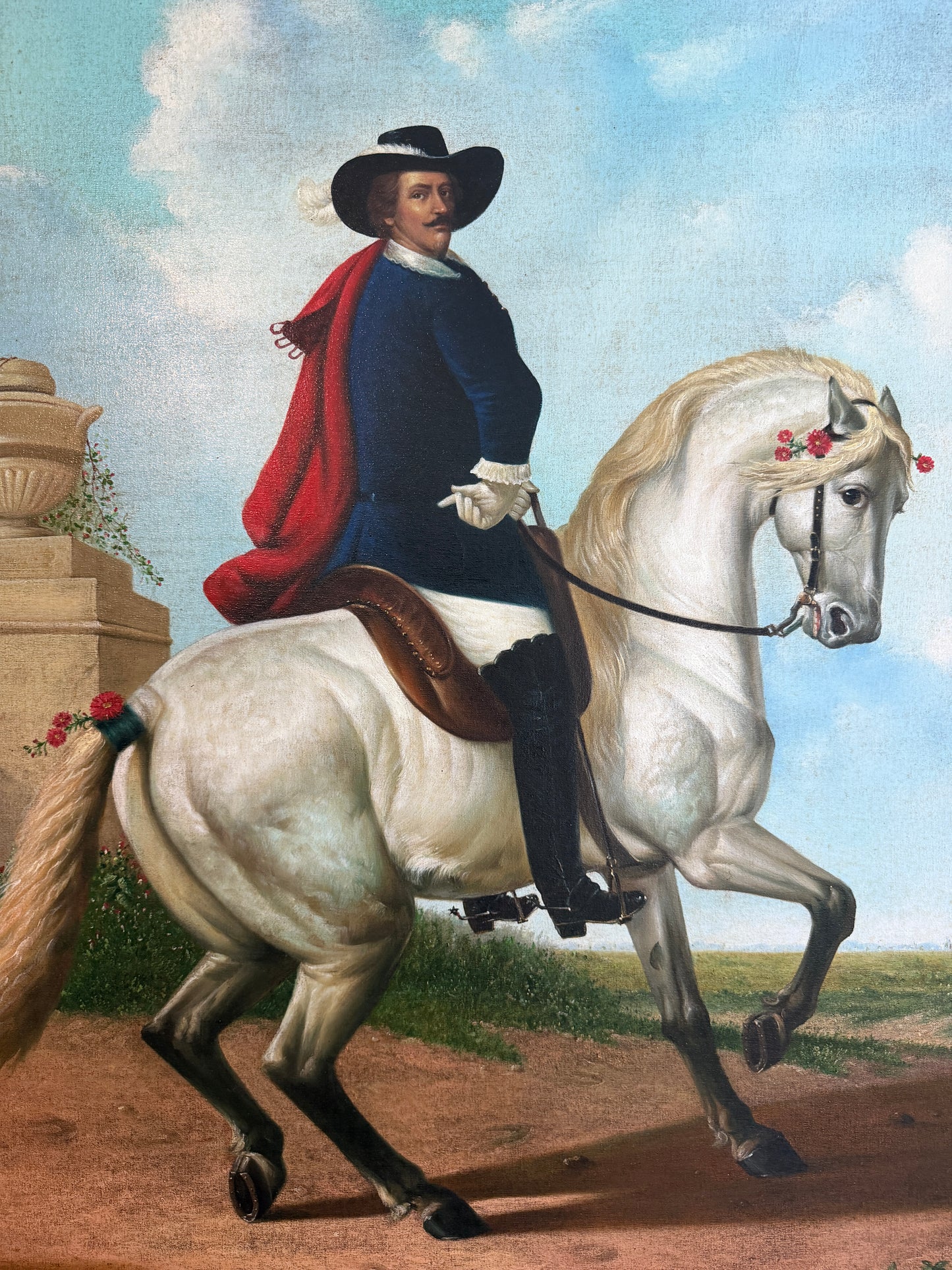 Large Antique Signed European Equestrian Portrait Oil Painting Late 19th Century