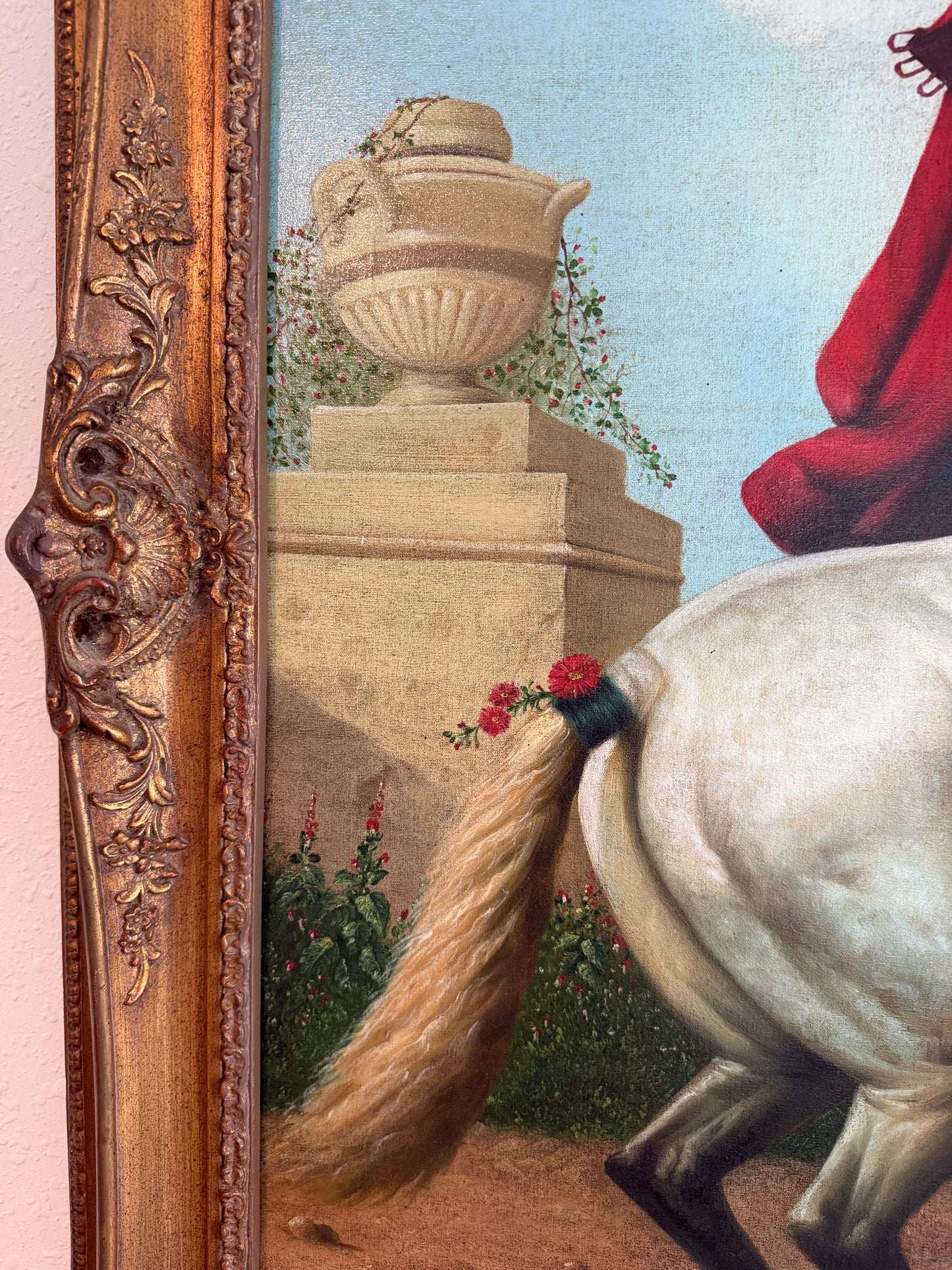 Large Antique Signed European Equestrian Portrait Oil Painting Late 19th Century
