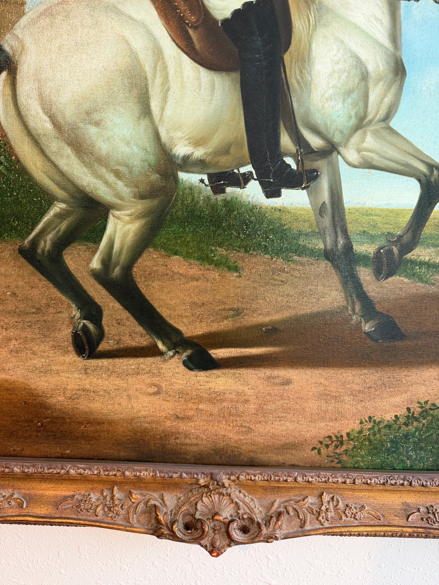 Large Antique Signed European Equestrian Portrait Oil Painting Late 19th Century