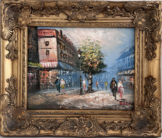 Listed Artist C. Burnett oil painting on canvas Paris street view Gold Frame