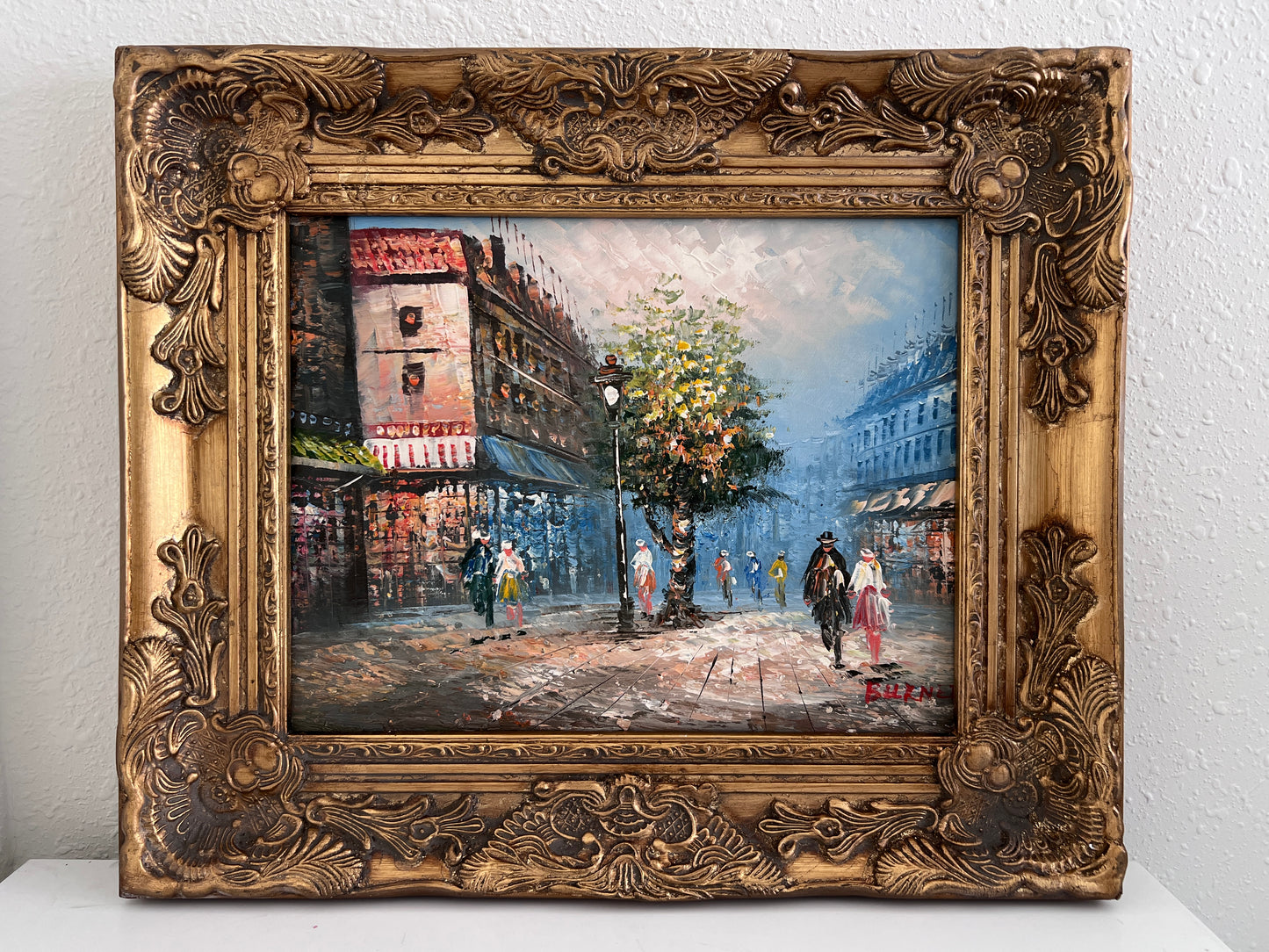 Listed Artist C. Burnett oil painting on canvas Paris street view Gold Frame