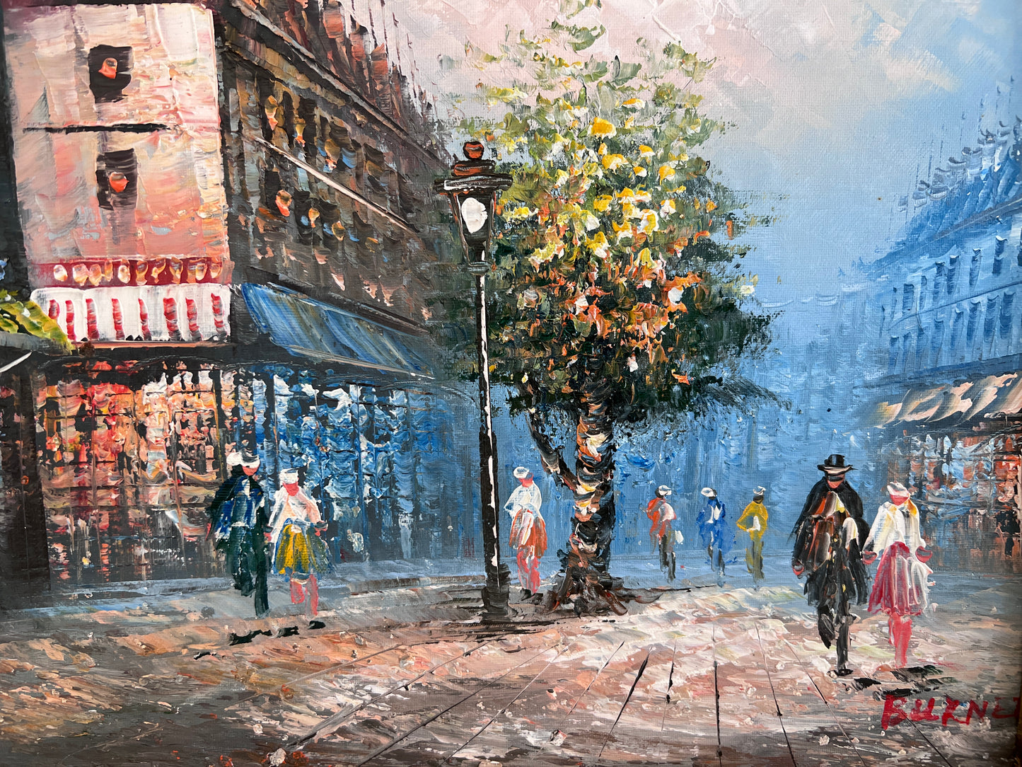 Listed Artist C. Burnett oil painting on canvas Paris street view Gold Frame