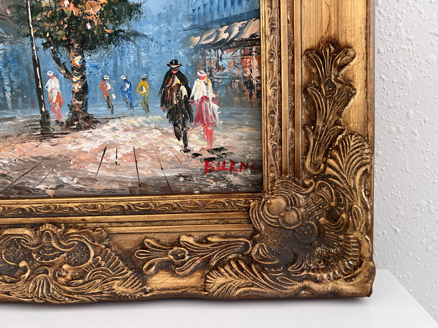Listed Artist C. Burnett oil painting on canvas Paris street view Gold Frame