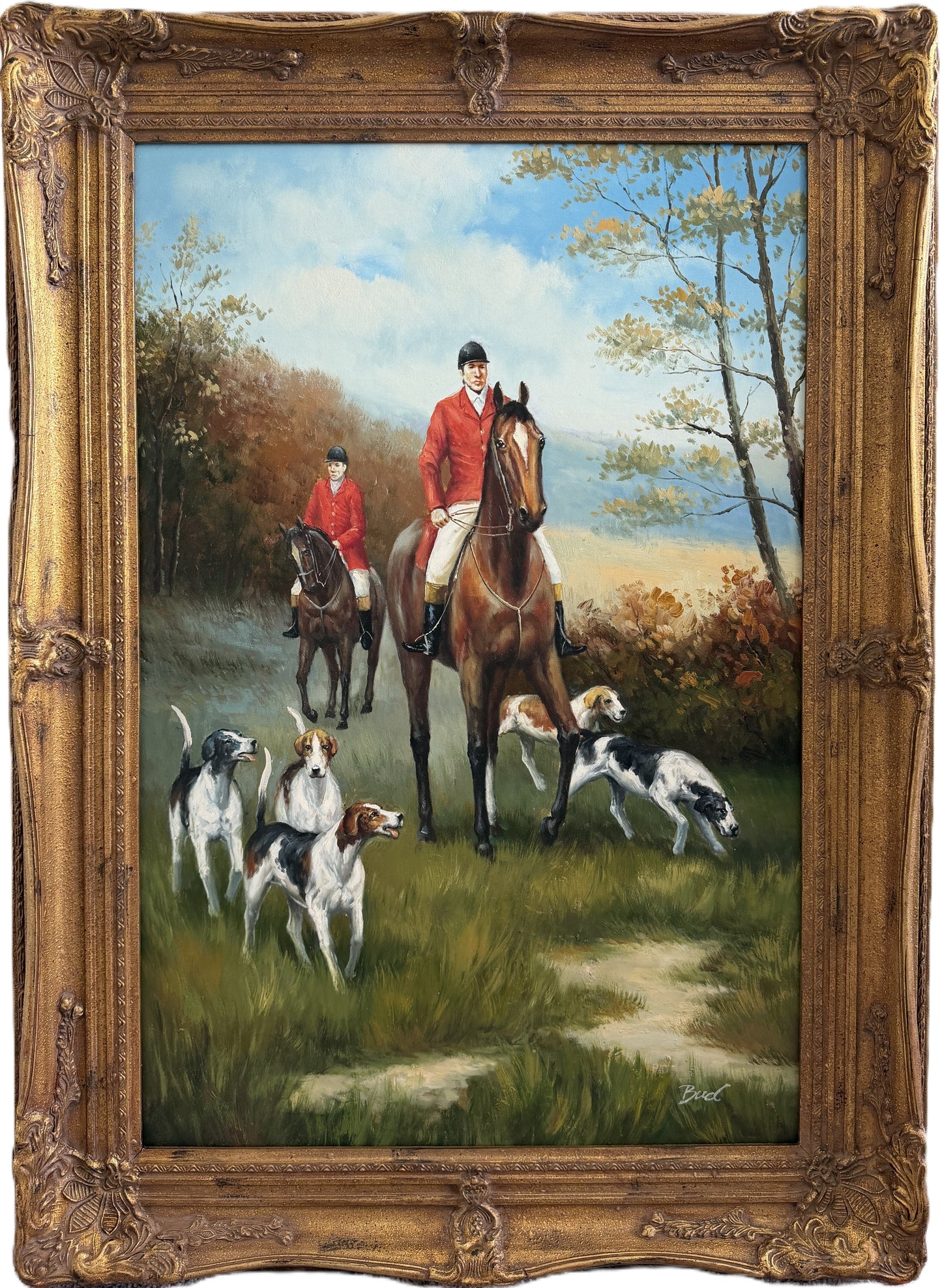 Fox Hunting Scene Oil Painting on Canvas Horses Hounds Equestrian Sporting Art