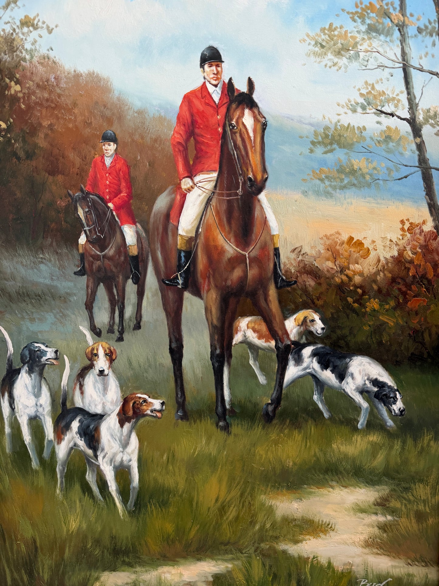 Fox Hunting Scene Oil Painting on Canvas Horses Hounds Equestrian Sporting Art