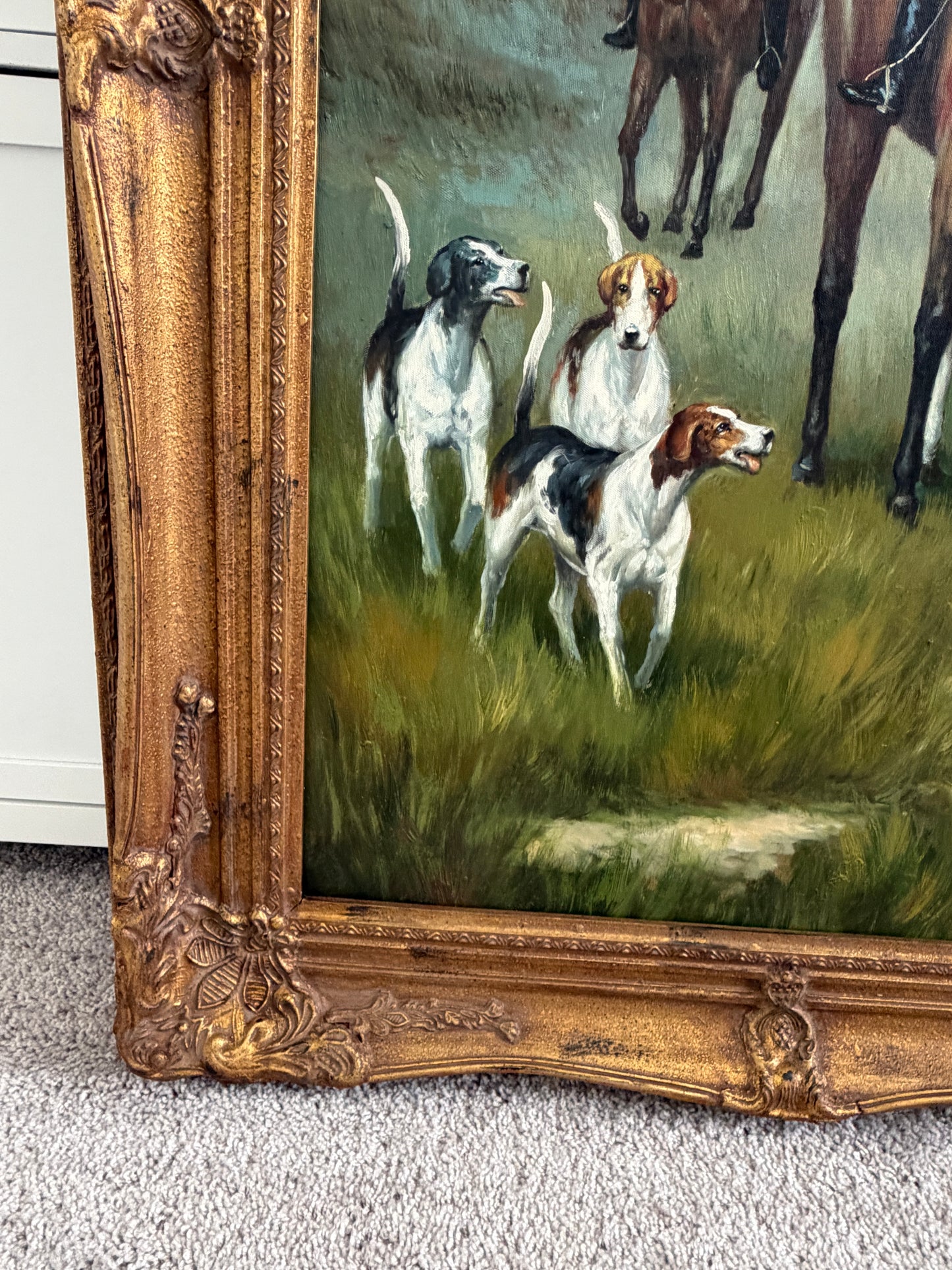 Fox Hunting Scene Oil Painting on Canvas Horses Hounds Equestrian Sporting Art